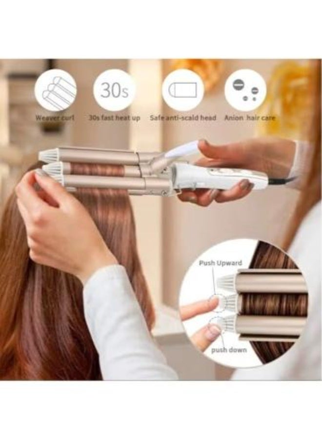 مكواة تجعيد الشعر بثلاثة أسطوانات، مقاس 1 بوصة (25 مم) مصنوعة من السيراميك والتورمالين، أداة تصفيف الشعر لعمل تموجات عميقة. - Image 1